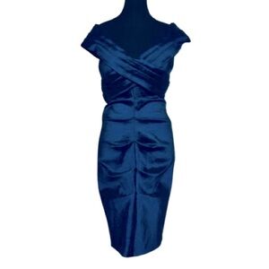 NWT Sz 10 Betsy Adams Blue Shiny Ruched Dress Off Shoulder Gown Wedding Formal
